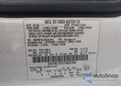 2007 Mercury Grand Marquis Ls z USA, uszkodzony, nr VIN 2MEFM75V57X602396